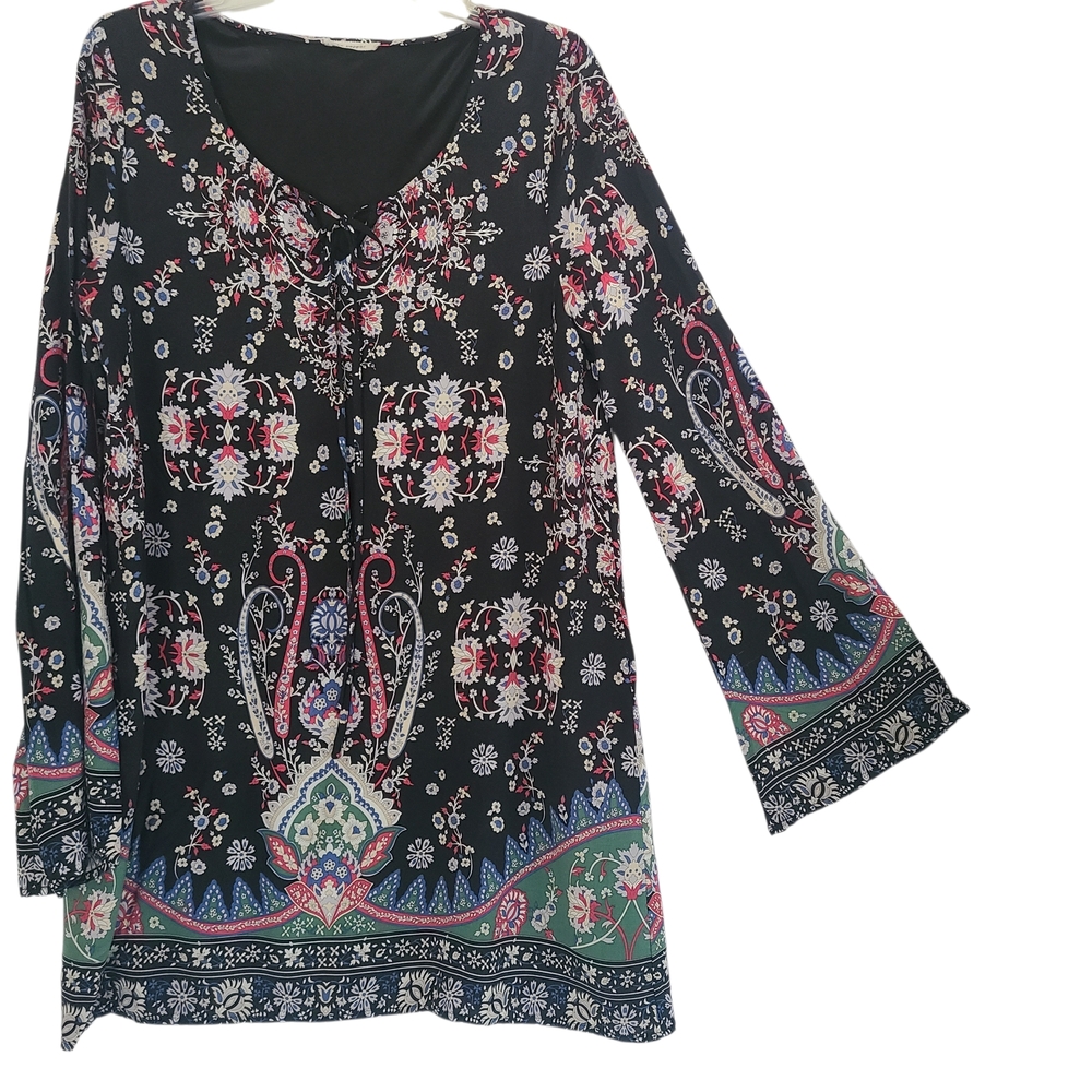 Blu Pepper Boho Black Floral Tunic Dress Bell Sleeves V Neck Large